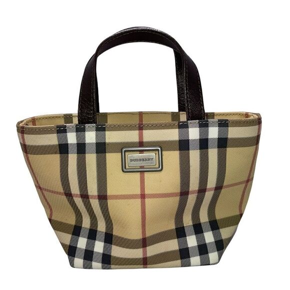 BURBERRY Mini Handbag Coated Canvas Classic Tan Check Leather Handles AUTHENTIC - Picture 2 of 11